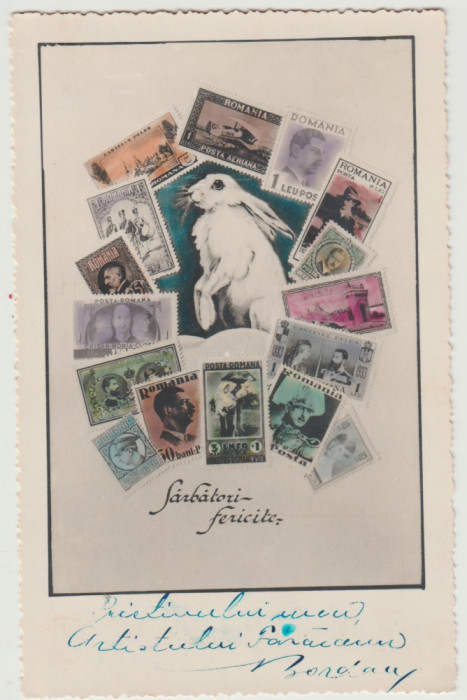 1935 Ilustrata inedita pascala si filatelica actor Faraianu Cluj, grafica timbre