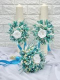 Set buchet, cocarda si lumanari cu trandafiri criogenati si plante naturale criogenate si cu lumanari tip fagure - Alb Turquoise, Eventissimi&reg;