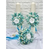 Set buchet, cocarda si lumanari cu trandafiri criogenati si plante naturale criogenate si cu lumanari tip fagure - Alb Turquoise