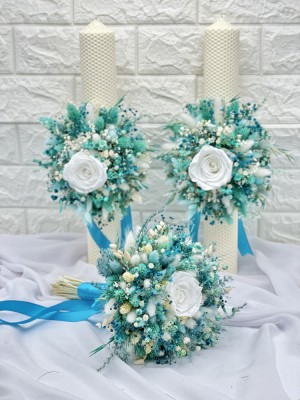 Set buchet, cocarda si lumanari cu trandafiri criogenati si plante naturale criogenate si cu lumanari tip fagure - Alb Turquoise foto