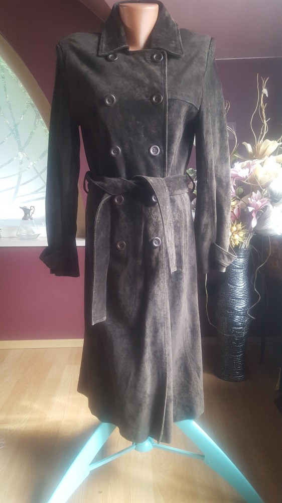 SPLENDID TRENCH COAT PIELE NATURALA DE CAPRIOARA KEENAN LEATHER MARIME 14,  M, Maro | Okazii.ro