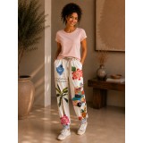 Pantaloni dama albi cu imprimeu viu colorat