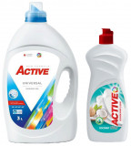 Detergent Universal de rufe lichid Active, 3 litri, 60 spalari + Detergent de vase lichid Active, 0.5 litri, cocos