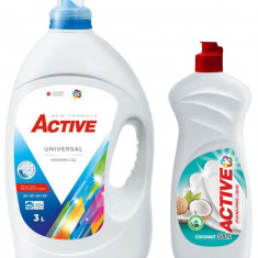 Detergent Universal de rufe lichid Active, 3 litri, 60 spalari + Detergent de vase lichid Active, 0.5 litri, cocos