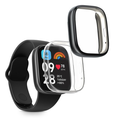 Set 2 Huse Kwmobile pentru Xiaomi Redmi Watch 3 Active, Transparent/Negru, Silicon, KWM000024YF003C foto