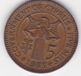 Cipru &ndash; moneda 5 mils 1955, Regina Elisabeta a II-a