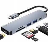 Usb Hub 6 in 1, 1 HDMI, 1 USB 2.0, 1 USB 3.0, 1 USB C, Cititor de card SD TF, conexiune usb c