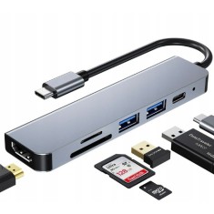 Usb Hub 6 in 1, 1 HDMI, 1 USB 2.0, 1 USB 3.0, 1 USB C, Cititor de card SD TF, conexiune usb c