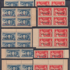 1945/46 LP 179 LP189 FRONTUL PLUGARILOR CU SI FARA SUPRATIPAR BLOCURI DE 4 MNH