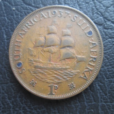 Africa de Sud : 1 penny 1937 _ moneda din bronz _ regele George al VI lea