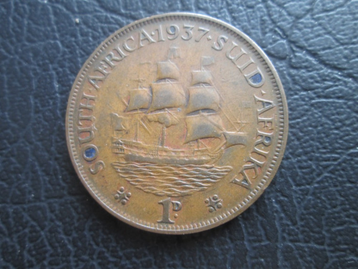 Africa de Sud : 1 penny 1937 _ moneda din bronz _ regele George al VI lea