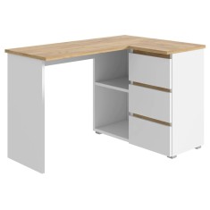 Birou colt Norge cu 3 sertare si 2 rafturi, 124x89x75 cm, alb si stejar Household NewTrend