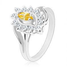 Inel strălucitor de culoare argintie, zirconiu galben în formă de bob, zirconii transparente - Marime inel: 54