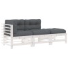 Set mobilier de gradina cu perne, 3 piese, alb, lemn masiv