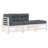 Set mobilier de gradina cu perne, 3 piese, alb, lemn masiv