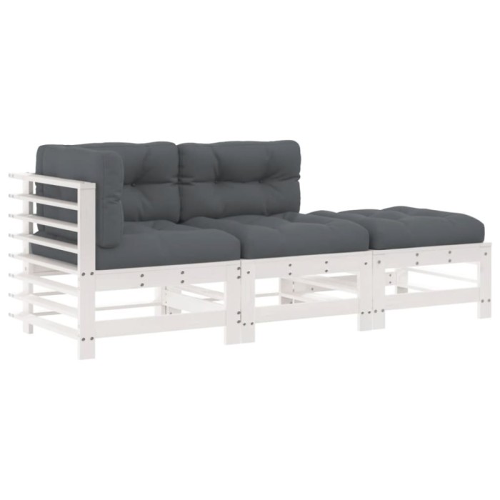 Set mobilier de gradina cu perne, 3 piese, alb, lemn masiv