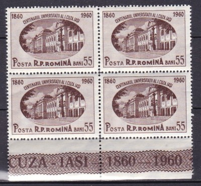 ROMANIA 1959 LP 486 CENTENARUL UNIVERSITATII A.I.CUZA IASI BLOC DE 4 TIMBRE MNH foto