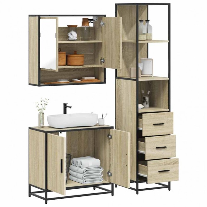 vidaXL Set mobilier de baie, 3 piese, stejar sonoma, lemn prelucrat 3301156