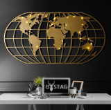 Decoratiune de perete Metal World Map Globe Led - Gold, Aur, 120x1x60 cm, Tanelorn