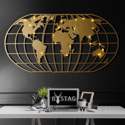Decoratiune de perete Metal World Map Globe Led - Gold, Aur, 120x1x60 cm foto