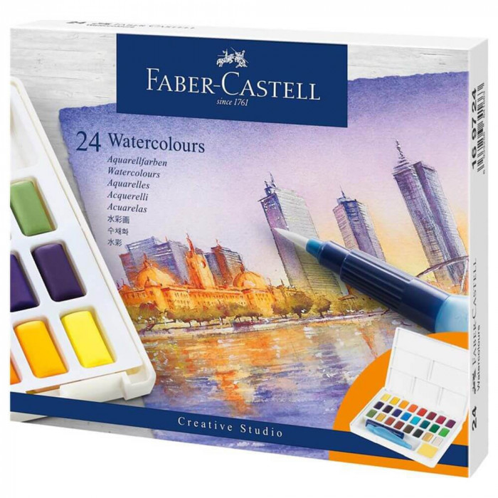Acuarele cu Pensula si Rezervor Apa Faber-Castell Creative Studio, 24 Culori, Culori Pictura, Faber Castell Acuarele, Acuarele Scoala, Culori pentru P