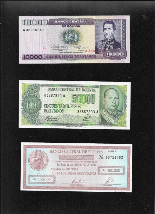 Rar! Set Bolivia 1 + 5 + 10 centavos de bolivianos pe 10000 + 50000 + 100000 pesos bolivianos unc