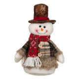 Figurina Textilă de Crăciun, Om de Zăpadă, Sacou cu Carouri, Pălărie Maro, 27 cm, Oem