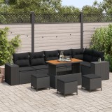 Set de canapele pentru gradina Gossi cu 9 piese, negru, ratan, acacia, cu perne, set de dining pentru gradina Gossi cu 3 piese, negru, ratan, acacia,