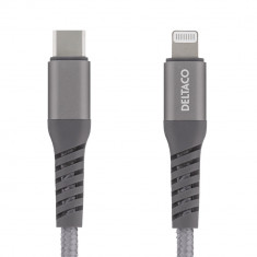 Cablu impletit 1m DELTACO Lightning la USB-C, 9V/2A PD, 5V/3A PD, 5V/2.4A, USB 2.0, gri foto