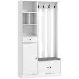 HOMCOM Cuier 180 cm cu Bancă pentru Pantofi, Soluție 4-&icirc;n-1 cu Raft Reglabil, 4 Agățători și Compartimente Deschise, pentru Hol sau Living, Alb | Aoso