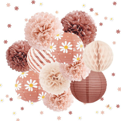 Set de 12 decoratiuni format din pompoane, glob tip fagure si lampioane din hartie, 50 g confetti in forma de floricele, decor ideal pentru nunta, ani foto