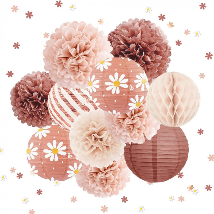 Set de 12 decoratiuni format din pompoane, glob tip fagure si lampioane din hartie, 50 g confetti in forma de floricele, decor ideal pentru nunta, ani