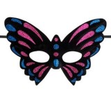 Masca deghizare fluture, neagra cu sclipici albastru si fucsia, textil, pentru adulti, CMCLASS