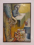 Tablou pictura in ulei pe placaj, scena din bar, 41x57cm, semnat Popov 1986
