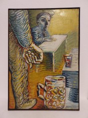 Tablou pictura in ulei pe placaj, scena din bar, 41x57cm, semnat Popov 1986