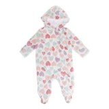 Salopetă fleece cu glugă, model inimioare colorate, albă, pentru bebeluși, CMCLASS