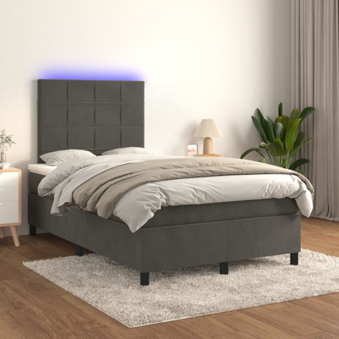 vidaXL Pat cu arcuri, saltea și LED, gri &icirc;nchis, 120x200 cm, catifea 3136114