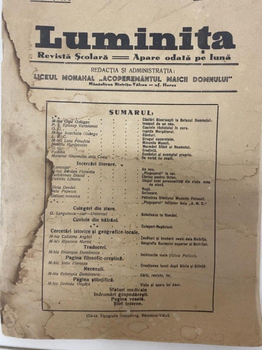 Luminita, ianuarie 1944, Revista scolara, Liceul monahal, manastire Bistrita RAR