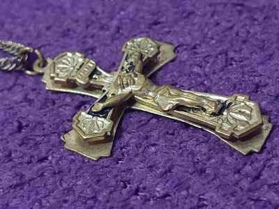 Crucifix cu lant auriu Vintage pentru gat,lant si crucifix vechi aurii Superb foto
