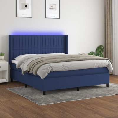 vidaXL Pat cu arcuri, saltea și LED, albastru, 160x200 cm, textil 3138491 foto