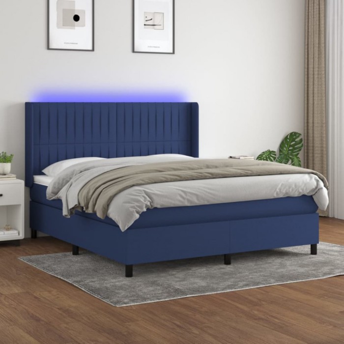 vidaXL Pat cu arcuri, saltea și LED, albastru, 160x200 cm, textil 3138491