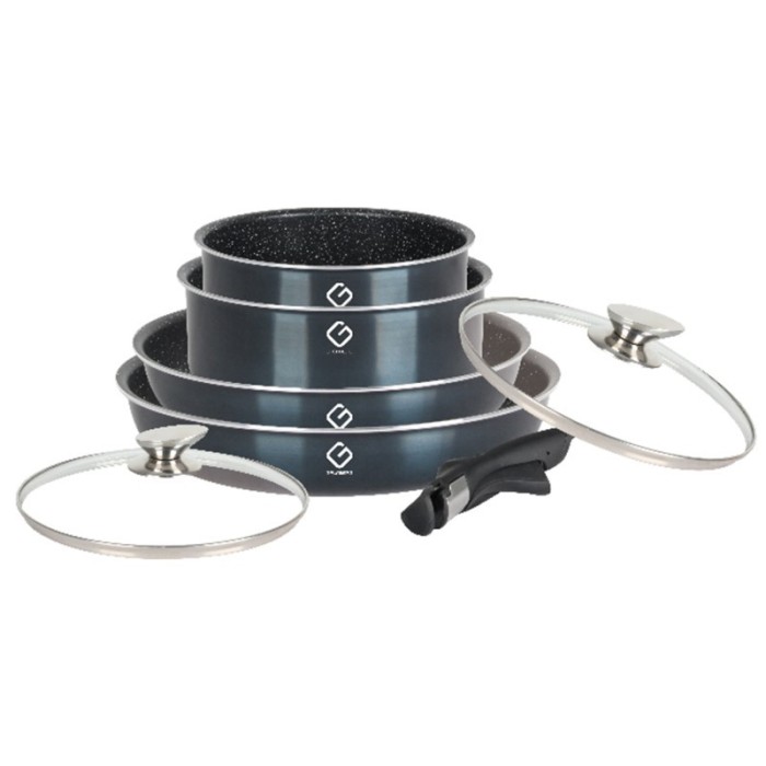 Set vase Grunberg 7 piese, 4 vase compatibile cu plita inductie, 2 capace sticla, 1 maner detasabil, Albastru