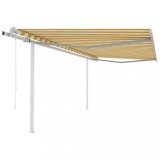 vidaXL Copertină retractabilă automat, st&acirc;lpi, galben&amp;alb, 4,5x3,5 m