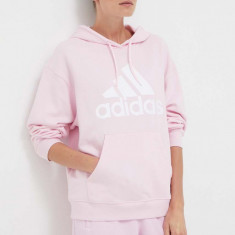 adidas hanorac de bumbac femei, culoarea roz, cu glugă, cu imprimeu