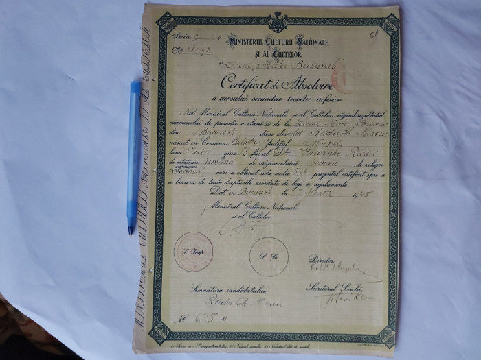 CERTIFICAT DE ABSOLVIRE.LICEUL,,MATEI BASARAB&quot; BUCURESTI-1945.