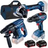 Pachet 3x Bosch GBH 180-LI + GSR 18V-50 + GWS 180-LI - Rotopercutor SDS-Plus 2 J + Masina de gaurit si insurubat 50 Nm + Polizor unghiular 125 mm + Se