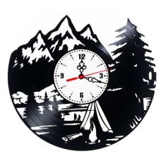Ceas de perete decorativ realizat din disc de vinil, Model Munte Camping Cort Foc de Tabara Natura, Negru, 30 cm