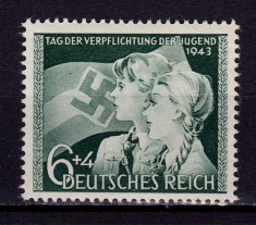 ✅ (S42) Germania Reich 1943 &quot;Ziua angajamentului tinerilor 1943 &quot; serie completa Michel 843, MNH