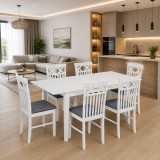 Cumpara ieftin Set masa living extensibila Miami, MDF, lemn masiv, 120 150 x 80 x 73.8 cm si 6 scaune Rebecca, stofa,100 kg, 94x49x43.5 cm, alb gri