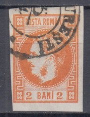 ROMANIA 1868 LP 21 CAROL CU FAVORITI 2 BANI PORTOCALIU STAMPILA BUCURESTI foto